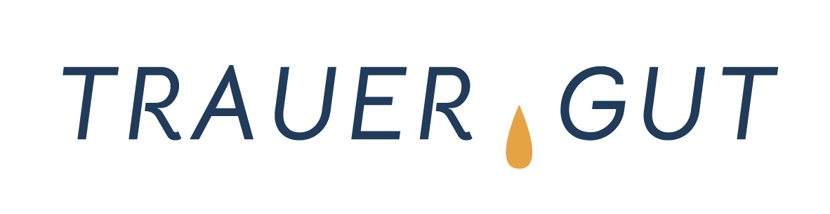 Schriftzug "Trauer Gut" in Mitternachtsblau, mit einem goldfarbenen Tropfen dazwischen