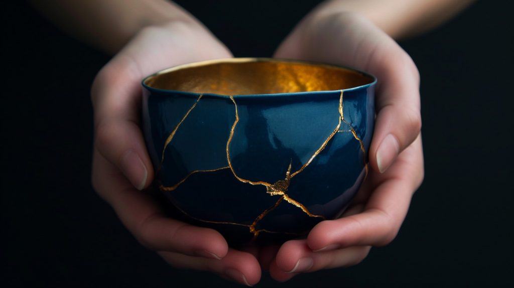 Frauenhände halten eine dunkelblaue Schale mit goldenen Rissen. Dunkler Bildhintergrund