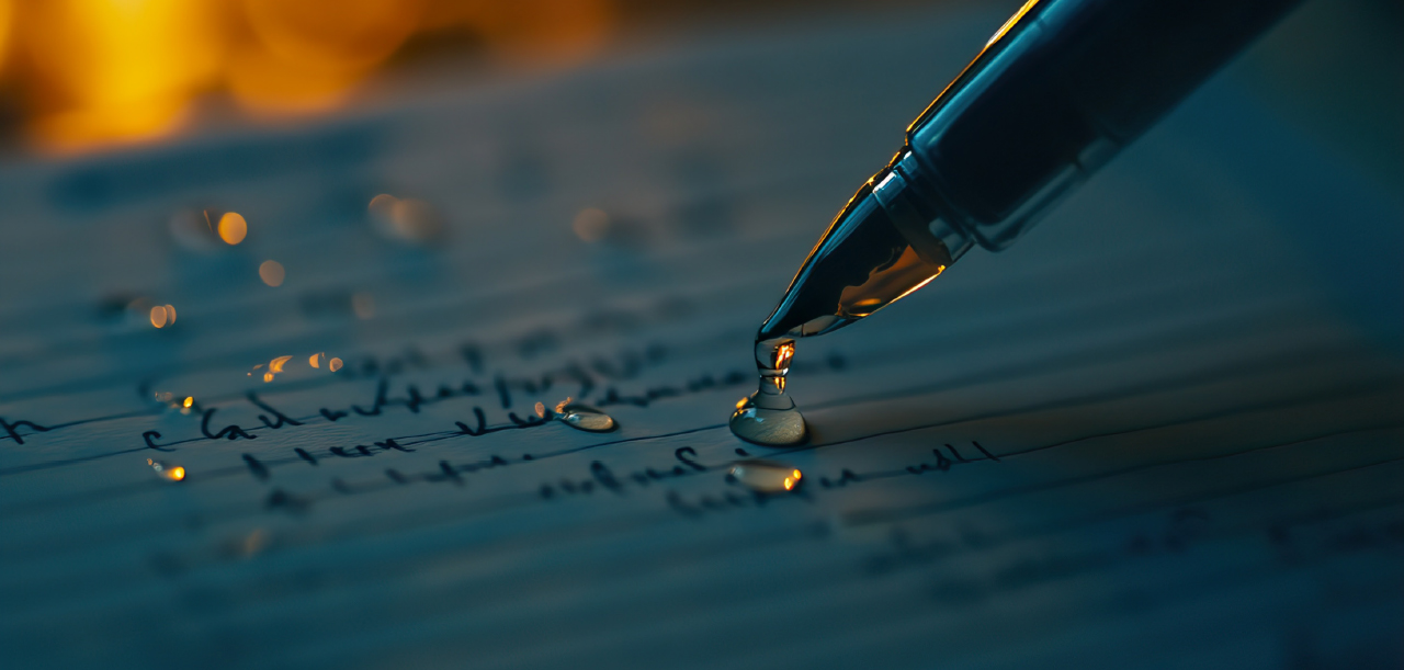 Ein handschriftlicher Brief, rechts ragt ein Pinsel ins Bild. Auf dem Briefpapier sind Tropfen. De Stimmung des Bildes ist melancholisch